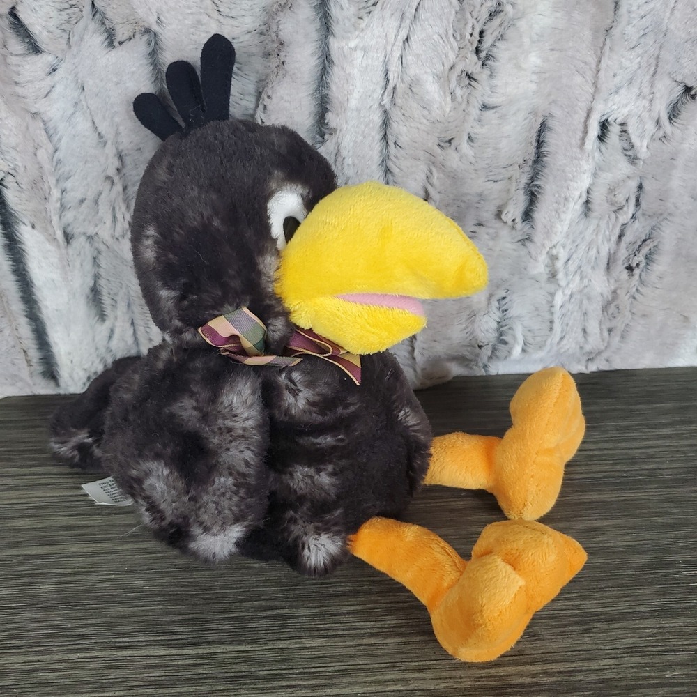 DolliBu Sitting Crow Plush Bird Stuffed Animal  - SILKY SOFT, Plaid Neck Bow 10"